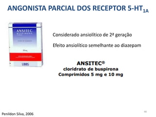 ANGONISTA PARCIAL DOS RECEPTOR 5-HT1A
48
Penildon Silva, 2006
Considerado ansiolítico de 2ª geração
Efeito ansiolítico semelhante ao diazepam
 