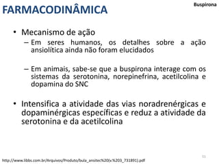 51
FARMACODINÂMICA
Buspirona
• Mecanismo de ação
– Em seres humanos, os detalhes sobre a ação
ansiolítica ainda não foram elucidados
– Em animais, sabe-se que a buspirona interage com os
sistemas da serotonina, norepinefrina, acetilcolina e
dopamina do SNC
• Intensifica a atividade das vias noradrenérgicas e
dopaminérgicas específicas e reduz a atividade da
serotonina e da acetilcolina
http://www.libbs.com.br/Arquivos/Produto/bula_ansitec%20(v.%203_731891).pdf
 