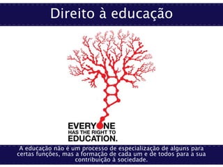 Direito à educação
A educação não é um processo de especialização de alguns para
certas funções, mas a formação de cada um e de todos para a sua
contribuição à sociedade.
 