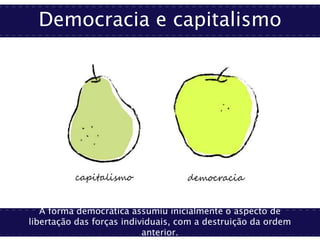 Democracia e capitalismo
A forma democrática assumiu inicialmente o aspecto de
libertação das forças individuais, com a destruição da ordem
anterior.
 