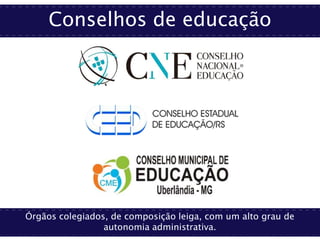 Conselhos de educação
Órgãos colegiados, de composição leiga, com um alto grau de
autonomia administrativa.
 