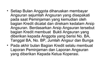 Setiap Bulan Anggota diharuskan membayar Angsuran sejumlah Angsuran yang disepakati pada saat Peminjaman yang kemudian oleh bagian Kredit dicatat dan direkam kedalam Arsip Angsuran. Berdasarkan Arsip Angsuran tersebut bagian Kredit membuat  Bukti Angsuran yang diberikan kepada Anggota yang berisi No. BA, Tanggal BA, No. BP, Jumlah Angsur dan Bunga Pada akhir bulan Bagian Kredit selalu membuat Laporan Peminjaman dan Laporan Angsuran yang diberikan Kepada Ketua Koperasi. 