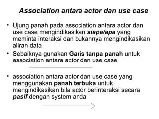 Association antara actor dan use case Ujung panah pada association antara actor dan use case mengindikasikan  siapa/apa  yang meminta interaksi dan bukannya mengindikasikan aliran data Sebaiknya gunakan  Garis tanpa panah  untuk association antara actor dan use case association antara actor dan use case yang menggunakan  panah terbuka  untuk mengindikasikan bila actor berinteraksi secara  pasif  dengan system anda 