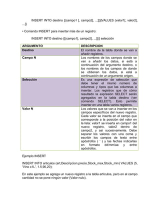 INSERT INTO destino [(campo1 [, campo2[, ...]])]VALUES (valor1[, valor2[,
...])

• Comando INSERT para insertar más de un registro:

        INSERT INTO destino {[(campo1[, campo2[, ...]])] selección

ARGUMENTO                                 DESCRIPCION
Destino                                   El nombre de la tabla donde se van a
                                          añadir registros.
Campo N                                   Los nombres de los campos donde se
                                          van a añadir los datos, si está a
                                          continuación del argumento destino, o
                                          los nombres de los campos de donde
                                          se obtienen los datos, si está a
                                          continuación de un argumento origen.
Selección                                 Es una expresión de selección que
                                          debe tener el mismo número de
                                          columnas y tipos que las columnas a
                                          insertar. Los registros que de cómo
                                          resultado la expresión SELECT serán
                                          agregados en la tabla destino (ver
                                          comando SELECT). Esto permite
                                          insertar en una tabla varios registros.
Valor N                                   Los valores que se van a insertar en los
                                          campos específicos del nuevo registro.
                                          Cada valor se inserta en el campo que
                                          corresponde a la posición del valor en
                                          la lista: valor1 se inserta en campo1 del
                                          nuevo registro, valor2 dentro de
                                          campo2, y así sucesivamente. Debe
                                          separar los valores con una coma y
                                          escribir los campos de texto entre
                                          apóstrofos ( „ ) y las fechas indicarlas
                                          en      formato    dd/mm/aa      y   entre
                                          apóstrofos.

Ejemplo INSERT

INSERT INTO articulos (art,Descripcion,precio,Stock_max,Stock_min) VALUES (5,
'Vino x1L', 1.5,90,20);

En este ejemplo se agrega un nuevo registro a la tabla artículos, pero en el campo
cantidad no se pone ningún valor (Valor nulo).
 
