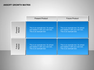 ANSOFF GROWTH MATRIX
Present Product Future Product
Future
Market
Present
Market
This is an example text. Go ahead
and replace it with your own text.
This is an example text.
This is an example text. Go ahead
and replace it with your own text.
This is an example text.
This is an example text. Go ahead
and replace it with your own text.
This is an example text.
This is an example text. Go ahead
and replace it with your own text.
This is an example text.
 