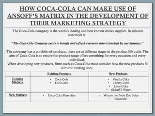 HOW COCA-COLA CAN MAKE USE OF
ANSOFF’S MATRIX IN THE DEVELOPMENT OF
THEIR MARKETING STRATEGY
The Coca-Cola company is the world’s leading and best known drinks supplier. Its mission
statement is:
“The Coca-Cola Company exists to benefit and refresh everyone who is touched by our business.”
The company has a portfolio of products, these are at different stages in the product life cycle. The
aim of Coca-Cola is to ensure the product range offers something for every occasion and every
individual.
When developing new products, firms such as Coca-Cola must consider how the new products fit
with the existing ones.
Existing Products New Products
Existing
Markets
• Coca Cola
• Diet Coke
• Vanilla Coke
• Cherry Coke
• Lime Coke
• SMART Water
New Markets • Coca-Cola Share Size • Winnie the Pooh Roo Juice
• Powerade
 