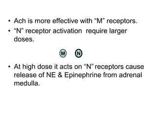 • Ach is more effective with “M” receptors.
• “N” receptor activation require larger
doses.
• At high dose it acts on “N” receptors cause
release of NE & Epinephrine from adrenal
medulla.
M N
 