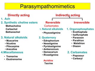 Parasympathomimetics
Directly acting Indirectly acting
1. Ach
2. Synthetic choline esters Reversible Irreversible
Methacholine Carbamates
Carbachol 1. Natural alkaloids 1. Organophosphates
Bethanechol
3. Natural alkaloids 2. Quaternary
4.Miscellaneous 2. Carbamates
Acridine
Tacrine
• Edrophonium
• Neostigmine
• Pyridostigmine
• Ambenonium
• Demecarium
• Rivastigmine • Popoxour
• Carbaryl
• Tremorine
• Oxotremorine
• Muscarine
• Nicotine
• Pilocarpine
• Arecoline
• Physostigmine • Ecothophate
• Isoflurophate
• Paraoxon
• Parathion
• Malathion
• Diazon
 