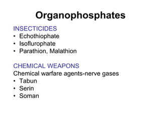 Organophosphates
INSECTICIDES
• Echothiophate
• Isoflurophate
• Parathion, Malathion
CHEMICAL WEAPONS
Chemical warfare agents-nerve gases
• Tabun
• Serin
• Soman
 