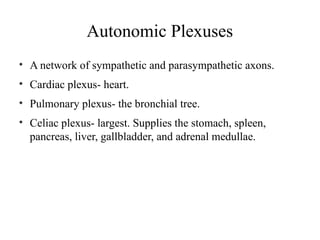 2

Autonomic Plexuses
• A network of sympathetic and parasympathetic axons.
• Cardiac plexus- heart.
• Pulmonary plexus- the bronchial tree.
• Celiac plexus- largest. Supplies the stomach, spleen,
pancreas, liver, gallbladder, and adrenal medullae.

 