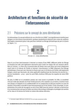 2
Architecture et fonctions de sécurité de
l'interconnexion
2.1 Précisions sur le concept de zone démilitarisée
En informatique, le concept militaire de zone démilitarisée (DMZ 4
) est régulièrement réutilisé pour
désigner un sous-réseau (concrètement, quelques équipements) séparant deux zones de conﬁance
hétérogène notamment grâce à des pare-feux réalisant un ﬁltrage périmétrique de part et d’autre
(cf. ﬁgure 2.1).
DMZ
Zone 1 Zone 2
F 2.1 – Zone démilitarisée
Dans le cas d’une interconnexion à Internet au moyen d’une DMZ, diﬀérents points de ﬁltrage
et d’analyse du traﬁc sont également nécessaires pour traiter les risques liés aux menaces identi-
ﬁées (cf. section 1.4). Pour cela, il convient donc de limiter tout accès direct qui serait simplement
routé entre le SI interne de l’entité et Internet. Concrètement, la DMZ disposant d’un ﬁltrage
périmétrique, d’une part avec Internet et d’autre part avec le SI interne de l’entité, doit également
intégrer, autant que nécessaire, des relais applicatifs implémentant des fonctions de sécurité (ex. :
serveur mandataire – proxy – pour les accès Web, résolveur DNS pour les requêtes de noms DNS
publics).
De plus, la DMZ est ici considérée comme une zone neutre et perdable. En eﬀet, sa sensibilité
n’est pas nulle (des données du SI de l’entité peuvent y être exposées ou au moins y transiter) mais
une attaque en intégrité ou en conﬁdentialité sur ses composants ne doit pas remettre en cause de
manière irréversible et durable le bon fonctionnement du SI de l’entité. À titre d’exemple, la com-
promission d’un relais de messagerie au sein d’une DMZ pourrait amener à décider sa destruction
et sa reconstruction sans que les boîtes aux lettres électroniques hébergées et protégées de manière
ad hoc dans le SI interne de l’entité ne soient elles-mêmes détruites.
4. L’acronyme anglais DMZ pour demilitarized zone est le plus couramment utilisé.
8 – RECOMMANDATIONS RELATIVES À L'INTERCONNEXION D'UN SYSTÈME D'INFORMATION À INTERNET
.
.
 