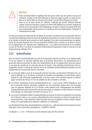 .
.
.
.
.
.
.
Attention
.
Cette recommandation s’applique dès lors qu’au moins une des parties n’est pas de
conﬁance, comme un site Web hébergé sur Internet auquel accède un client de l’en-
tité ou un client Web sur Internet qui accède à un site Web hébergé par l’entité.
Dans le cas de deux points de conﬁance maîtrisés par l’entité utilisant Internet
comme réseau de transport, comme un client VPN déployé sur un poste nomade de
l’entité et un concentrateur VPN hébergé par l’entité, la rupture du tunnel VPN n’est
pas recommandée aﬁn de préserver la conﬁance dans la conﬁdentialité, l’intégrité et
l’authenticité des ﬂux.
En tant que moyens de détection des incidents de sécurité, l’architecture de la passerelle Internet
sécurisée peut également prévoir l’ajout de dispositifs permettant une copie du traﬁc (taps réseau),
et de sondes de sécurité pour analyser ce traﬁc dupliqué. Il est alors recommandé que ces équipe-
ments de sécurité disposent d’un visa de sécurité de l’ANSSI. Dans certains cas, la mise en œuvre
de ces équipements est imposée par la législation (ex. : aux interconnexions pour les SI sensibles
au sens de l’II 901 [17] ou pour les systèmes d’information d’importance vitale au sens de la loi de
programmation militaire 2013).
2.3.2 Authentiﬁcation
Pour les besoins d’authentiﬁcation au sein de la passerelle Internet sécurisée, il est indispensable
de ne pas exposer un annuaire hébergé dans le SI interne directement aux équipements de la
passerelle Internet sécurisée. En eﬀet, une vulnérabilité d’un de ses équipements pourrait amener
à une prise de contrôle de cet annuaire puis du SI interne. Trois solutions d’architecture sont en-
visageables suivant le niveau de sécurité visé et les méthodes d’authentiﬁcation permises par les
équipements de la passerelle Internet sécurisée :
n un annuaire dédié au sein de la passerelle Internet sécurisée, synchronisé à l’initiative d’un an-
nuaire hébergé sur le SI interne, contenant les données correspondant au strict besoin opéra-
tionnel et, sauf contrainte exceptionnelle, en lecture seule ; cette solution respecte la cinéma-
tique sécurisée des ﬂux (cf. R7) et est adaptée aux ﬂux entrants et sortants ;
n un serveur mandataire inverse d’authentiﬁcation (ex. : reverse proxy LDAP) hébergé au sein
de la passerelle Internet sécurisée, conﬁguré avec les restrictions idoines pour des échanges
avec un annuaire hébergé sur le SI interne ; cette solution évite l’hébergement des données
d’authentiﬁcation dans la passerelle Internet sécurisée, est adaptée aux ﬂux entrants et sortants
mais déroge à la cinématique sécurisée des ﬂux (cf. R7) ;
n un serveur mandataire dédié à l’authentiﬁcation au sein du SI interne et requêtant un annuaire
du SI interne ; dans ce cas, aucune authentiﬁcation n’est nécessaire au sein de la passerelle In-
ternet sécurisée ; c’est la solution la plus sécurisée mais qui est adaptée aux ﬂux sortants unique-
ment et est potentiellement coûteuse à déployer et à maintenir.
La réutilisation d’une base d’authentiﬁcation existante (ex. : celle des postes bureautiques) est pos-
sible grâce à des mécanismes standards (ex. : RADIUS, LDAPS).
Les ﬁgures 2.7, 2.8 et 2.9 illustrent ces trois solutions pour des ﬂux sortants.
14 – RECOMMANDATIONS RELATIVES À L'INTERCONNEXION D'UN SYSTÈME D'INFORMATION À INTERNET
.
.
 
