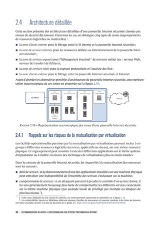 2.4 Architecture détaillée
Cette section présente des architectures détaillées d’une passerelle Internet sécurisée classées par
niveau de sécurité décroissant. Dans tous les cas, on distingue cinq types de zones (regroupements
de ressources logicielles ou matérielles) :
n la zone d’accès interne pour le ﬁltrage entre le SI interne et la passerelle Internet sécurisée ;
n la zone de services internes pour les ressources dédiées au fonctionnement de la passerelle Inter-
net sécurisée ;
n la zone de services exposés pour l’hébergement éventuel 6
de serveurs métier (ex. : serveur Web,
serveur de transfert de ﬁchiers) ;
n la zone de services relais pour la rupture protocolaire et l’analyse des ﬂux ;
n la zone d’accès externe pour le ﬁltrage entre la passerelle Internet sécurisée et Internet.
Avant d’aborder les alternatives possibles d’architecture de passerelle Internet sécurisée, une représen-
tation macroscopique de ces zones est proposée sur la ﬁgure 2.10.
Zone
d’accès interne
Zone
de services exposés
Zone
de services
internes
relais applicatifs
Zone
de services relais
Internet
SI interne
pare-feu interméd.
pare-feu interne
Zone
d’accès externe
pare-feu externe
F 2.10 – Représentation macroscopique des zones d’une passerelle Internet sécurisée
2.4.1 Rappels sur les risques de la mutualisation par virtualisation
Les facilités opérationnelles permises par la mutualisation par virtualisation peuvent inciter à re-
grouper diﬀérentes ressources logicielles (services, applicatifs ou réseau), sur une même ressource
physique. Ce regroupement peut consister à exécuter diﬀérentes applications sur le même système
d’exploitation ou à mettre en œuvre des techniques de virtualisation plus ou moins lourdes.
Dans le contexte de la passerelle Internet sécurisée, les risques liés à la mutualisation des ressources
sont les suivants :
n déni de service : le dysfonctionnement d’une des applications installées sur une machine physique
peut entraîner une indisponibilité de l’ensemble des services s’exécutant sur la machine ;
n compromission de services : si un attaquant parvient à prendre le contrôle d’un service donné, il
lui sera généralement beaucoup plus facile de compromettre les diﬀérents services s’exécutant
sur la même machine physique (par escalade locale de privilège par exemple ou attaques de
plus bas niveau 7
).
6. Cette zone, déployée ou non suivant le contexte, est volontairement représentée en pointillés sur la ﬁgure 2.10.
7. Les vulnérabilités Spectre et Meltdown aﬀectant plusieurs familles de processeurs et pouvant conduire à des fuites de données
sont deux exemples récents à la date de parution de ce guide. Cf. https ://cert.ssi.gouv.fr/alerte/CERTFR-2018-ALE-001/.
16 – RECOMMANDATIONS RELATIVES À L'INTERCONNEXION D'UN SYSTÈME D'INFORMATION À INTERNET
.
.
 