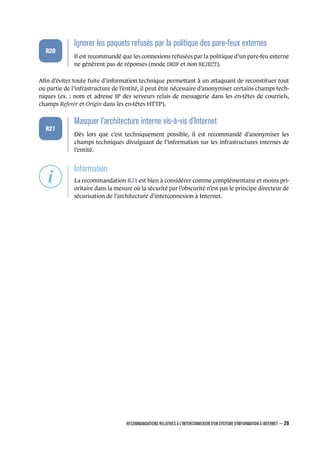 .
.
.
.
.
.
R20
.
Ignorer les paquets refusés par la politique des pare-feux externes
.
Il est recommandé que les connexions refusées par la politique d’un pare-feu externe
ne génèrent pas de réponses (mode DROP et non REJECT).
Aﬁn d’éviter toute fuite d’information technique permettant à un attaquant de reconstituer tout
ou partie de l’infrastructure de l’entité, il peut être nécessaire d’anonymiser certains champs tech-
niques (ex. : nom et adresse IP des serveurs relais de messagerie dans les en-têtes de courriels,
champs Referer et Origin dans les en-têtes HTTP).
.
.
.
.
.
.
R21
.
Masquer l'architecture interne vis-à-vis d'Internet
.
Dès lors que c’est techniquement possible, il est recommandé d’anonymiser les
champs techniques divulguant de l’information sur les infrastructures internes de
l’entité.
.
.
.
.
.
.
.
Information
.
La recommandation R21 est bien à considérer comme complémentaire et moins pri-
oritaire dans la mesure où la sécurité par l’obscurité n’est pas le principe directeur de
sécurisation de l’architecture d’interconnexion à Internet.
RECOMMANDATIONS RELATIVES À L'INTERCONNEXION D'UN SYSTÈME D'INFORMATION À INTERNET – 29
.
.
 
