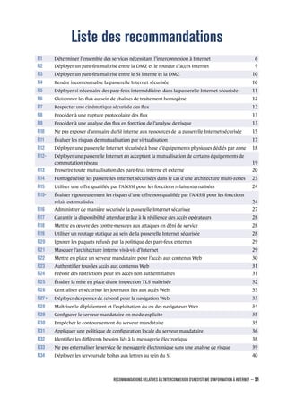 Liste des recommandations
.
. R1 Déterminer l’ensemble des services nécessitant l’interconnexion à Internet 6
.
. R2 Déployer un pare-feu maîtrisé entre la DMZ et le routeur d’accès Internet 9
.
. R3 Déployer un pare-feu maîtrisé entre le SI interne et la DMZ 10
.
. R4 Rendre incontournable la passerelle Internet sécurisée 10
.
. R5 Déployer si nécessaire des pare-feux intermédiaires dans la passerelle Internet sécurisée 11
.
. R6 Cloisonner les ﬂux au sein de chaînes de traitement homogène 12
.
. R7 Respecter une cinématique sécurisée des ﬂux 12
.
. R8 Procéder à une rupture protocolaire des ﬂux 13
.
. R9 Procéder à une analyse des ﬂux en fonction de l’analyse de risque 13
.
. R10 Ne pas exposer d’annuaire du SI interne aux ressources de la passerelle Internet sécurisée 15
.
. R11 Évaluer les risques de mutualisation par virtualisation 17
.
. R12 Déployer une passerelle Internet sécurisée à base d’équipements physiques dédiés par zone 18
.
.
R12- Déployer une passerelle Internet en acceptant la mutualisation de certains équipements de
commutation réseau 19
.
. R13 Proscrire toute mutualisation des pare-feux interne et externe 20
.
. R14 Homogénéiser les passerelles Internet sécurisées dans le cas d’une architecture multi-zones 23
.
. R15 Utiliser une oﬀre qualiﬁée par l’ANSSI pour les fonctions relais externalisées 24
.
.
R15- Évaluer rigoureusement les risques d’une oﬀre non qualiﬁée par l’ANSSI pour les fonctions
relais externalisées 24
.
. R16 Administrer de manière sécurisée la passerelle Internet sécurisée 27
.
. R17 Garantir la disponibilité attendue grâce à la résilience des accès opérateurs 28
.
. R18 Mettre en œuvre des contre-mesures aux attaques en déni de service 28
.
. R19 Utiliser un routage statique au sein de la passerelle Internet sécurisée 28
.
. R20 Ignorer les paquets refusés par la politique des pare-feux externes 29
.
. R21 Masquer l’architecture interne vis-à-vis d’Internet 29
.
. R22 Mettre en place un serveur mandataire pour l’accès aux contenus Web 30
.
. R23 Authentiﬁer tous les accès aux contenus Web 31
.
. R24 Prévoir des restrictions pour les accès non authentiﬁables 31
.
. R25 Étudier la mise en place d’une inspection TLS maîtrisée 32
.
. R26 Centraliser et sécuriser les journaux liés aux accès Web 33
.
. R27+ Déployer des postes de rebond pour la navigation Web 33
.
. R28 Maîtriser le déploiement et l’exploitation du ou des navigateurs Web 34
.
. R29 Conﬁgurer le serveur mandataire en mode explicite 35
.
. R30 Empêcher le contournement du serveur mandataire 35
.
. R31 Appliquer une politique de conﬁguration locale du serveur mandataire 36
.
. R32 Identiﬁer les diﬀérents besoins liés à la messagerie électronique 38
.
. R33 Ne pas externaliser le service de messagerie électronique sans une analyse de risque 39
.
. R34 Déployer les serveurs de boîtes aux lettres au sein du SI 40
RECOMMANDATIONS RELATIVES À L'INTERCONNEXION D'UN SYSTÈME D'INFORMATION À INTERNET – 51
.
.
 