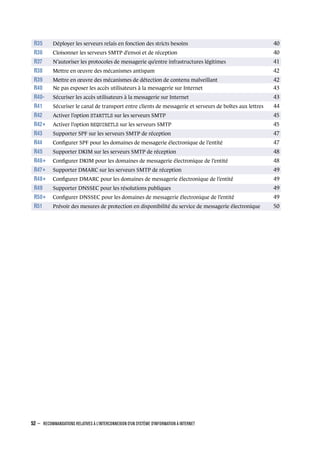 .
. R35 Déployer les serveurs relais en fonction des stricts besoins 40
.
. R36 Cloisonner les serveurs SMTP d’envoi et de réception 40
.
. R37 N’autoriser les protocoles de messagerie qu’entre infrastructures légitimes 41
.
. R38 Mettre en œuvre des mécanismes antispam 42
.
. R39 Mettre en œuvre des mécanismes de détection de contenu malveillant 42
.
. R40 Ne pas exposer les accès utilisateurs à la messagerie sur Internet 43
.
. R40- Sécuriser les accès utilisateurs à la messagerie sur Internet 43
.
. R41 Sécuriser le canal de transport entre clients de messagerie et serveurs de boîtes aux lettres 44
.
. R42 Activer l’option STARTTLS sur les serveurs SMTP 45
.
. R42+ Activer l’option REQUIRETLS sur les serveurs SMTP 45
.
. R43 Supporter SPF sur les serveurs SMTP de réception 47
.
. R44 Conﬁgurer SPF pour les domaines de messagerie électronique de l’entité 47
.
. R45 Supporter DKIM sur les serveurs SMTP de réception 48
.
. R46+ Conﬁgurer DKIM pour les domaines de messagerie électronique de l’entité 48
.
. R47+ Supporter DMARC sur les serveurs SMTP de réception 49
.
. R48+ Conﬁgurer DMARC pour les domaines de messagerie électronique de l’entité 49
.
. R49 Supporter DNSSEC pour les résolutions publiques 49
.
. R50+ Conﬁgurer DNSSEC pour les domaines de messagerie électronique de l’entité 49
.
. R51 Prévoir des mesures de protection en disponibilité du service de messagerie électronique 50
52 – RECOMMANDATIONS RELATIVES À L'INTERCONNEXION D'UN SYSTÈME D'INFORMATION À INTERNET
.
.
 