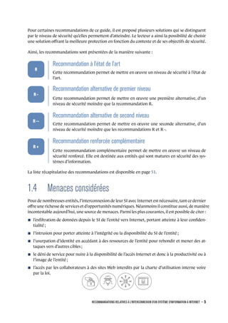 Pour certaines recommandations de ce guide, il est proposé plusieurs solutions qui se distinguent
par le niveau de sécurité qu’elles permettent d’atteindre. Le lecteur a ainsi la possibilité de choisir
une solution oﬀrant la meilleure protection en fonction du contexte et de ses objectifs de sécurité.
Ainsi, les recommandations sont présentées de la manière suivante :
.
.
.
.
.
.
R
.
Recommandation à l'état de l'art
.
Cette recommandation permet de mettre en œuvre un niveau de sécurité à l’état de
l’art.
.
.
.
.
.
.
R -
.
Recommandation alternative de premier niveau
.
Cette recommandation permet de mettre en œuvre une première alternative, d’un
niveau de sécurité moindre que la recommandation R.
.
.
.
.
.
.
R --
.
Recommandation alternative de second niveau
.
Cette recommandation permet de mettre en œuvre une seconde alternative, d’un
niveau de sécurité moindre que les recommandations R et R -.
.
.
.
.
.
.
R +
.
Recommandation renforcée complémentaire
.
Cette recommandation complémentaire permet de mettre en œuvre un niveau de
sécurité renforcé. Elle est destinée aux entités qui sont matures en sécurité des sys-
tèmes d’information.
La liste récapitulative des recommandations est disponible en page 51.
1.4 Menaces considérées
Pour de nombreuses entités, l’interconnexion de leur SI avec Internet est nécessaire, tant ce dernier
oﬀre une richesse de services et d’opportunités numériques. Néanmoins il constitue aussi, de manière
incontestable aujourd’hui, une source de menaces. Parmi les plus courantes, il est possible de citer :
n l’exﬁltration de données depuis le SI de l’entité vers Internet, portant atteinte à leur conﬁden-
tialité ;
n l’intrusion pour porter atteinte à l’intégrité ou la disponibilité du SI de l’entité ;
n l’usurpation d’identité en accédant à des ressources de l’entité pour rebondir et mener des at-
taques vers d’autres cibles ;
n le déni de service pour nuire à la disponibilité de l’accès Internet et donc à la productivité ou à
l’image de l’entité ;
n l’accès par les collaborateurs à des sites Web interdits par la charte d’utilisation interne voire
par la loi.
RECOMMANDATIONS RELATIVES À L'INTERCONNEXION D'UN SYSTÈME D'INFORMATION À INTERNET – 5
.
.
 