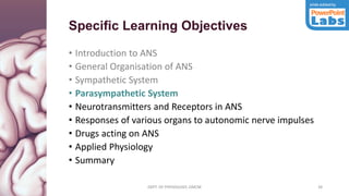 DEPT. OF PHYSIOLOGY, GMCM 38
Specific Learning Objectives
• Introduction to ANS
• General Organisation of ANS
• Sympathetic System
• Parasympathetic System
• Neurotransmitters and Receptors in ANS
• Responses of various organs to autonomic nerve impulses
• Drugs acting on ANS
• Applied Physiology
• Summary
DEPT. OF PHYSIOLOGY, GMCM
 