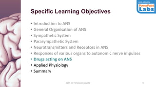 DEPT. OF PHYSIOLOGY, GMCM 70
Specific Learning Objectives
• Introduction to ANS
• General Organisation of ANS
• Sympathetic System
• Parasympathetic System
• Neurotransmitters and Receptors in ANS
• Responses of various organs to autonomic nerve impulses
• Drugs acting on ANS
• Applied Physiology
• Summary
DEPT. OF PHYSIOLOGY, GMCM
 