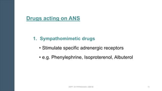 1. Sympathomimetic drugs
• Stimulate specific adrenergic receptors
• e.g. Phenylephrine, Isoproterenol, Albuterol
Drugs acting on ANS
DEPT. OF PHYSIOLOGY, GMCM 71
 