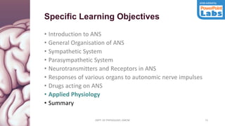 DEPT. OF PHYSIOLOGY, GMCM 73
Specific Learning Objectives
• Introduction to ANS
• General Organisation of ANS
• Sympathetic System
• Parasympathetic System
• Neurotransmitters and Receptors in ANS
• Responses of various organs to autonomic nerve impulses
• Drugs acting on ANS
• Applied Physiology
• Summary
DEPT. OF PHYSIOLOGY, GMCM
 