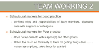  Behavioural markers for good practice
o confirms roles and responsibilities of team members, discusses
case with surgeons or colleagues
 Behavioural markers for Poor practice
o Does not co-ordinate with surgeon(s) and other groups
o Relies too much on familiarity of team for getting things done……..
makes assumptions, takes things for granted
32
 