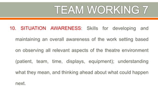 10. SITUATION AWARENESS: Skills for developing and
maintaining an overall awareness of the work setting based
on observing all relevant aspects of the theatre environment
(patient, team, time, displays, equipment); understanding
what they mean, and thinking ahead about what could happen
next. 37
 