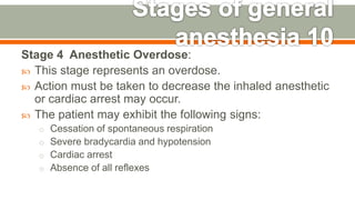 Stage 4 Anesthetic Overdose:
 This stage represents an overdose.
 Action must be taken to decrease the inhaled anesthetic
or cardiac arrest may occur.
 The patient may exhibit the following signs:
o Cessation of spontaneous respiration
o Severe bradycardia and hypotension
o Cardiac arrest
o Absence of all reflexes
63
 