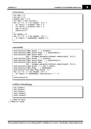 ANSWER 07                                                          Computer Programming using Java              9
      //หาคะแนนรวม …
       int max = 0;
       int min = 0;
       double sum = 0.0;
       int fq[] = new int[101];
       for (i = 0; i < sc.length; i++) {
         if (sc[i] > sc[max]) max = i;
         if (sc[i] < sc[min]) min = i;
         sum += sc[i];
         fq[sc[i]]++;
       }
       int maxFq = 0;
       for (i = 0; i < fq.length; i++) {
         if (fq[i] > fq[maxFq]) maxFq = i;
       }



      //แสดงผลลัพธ์ …
       out2.println("Max Score: " + sc[max]);
       out2.println("Max Score Freq: " + fq[sc[max]]);
       out2.println("Max Score Year: " +
                   (54 - Integer.parseInt(id[max].substring(0, 2))));
       out2.println("Min Score: " + sc[min]);
       out2.println("Min Score Freq: " + fq[sc[min]]);
       out2.println("Min Score Year: " +
                   (54 - Integer.parseInt(id[min].substring(0, 2))));
       out2.println("Avg Score: " + sum / count);
       out2.println("Max Freq: " + fq[maxFq]);
       out2.print("List Max Freq Score: ");
       for (i = 0; i < fq.length; i++) {
         if (fq[i] == fq[maxFq]) out2.print(i + " ");
       }
       out2.println();



      //คําสั่งในการปิ ดแฟมข้ อมล
                          ้     ู
       in1.close();
       in2.close();
       in3.close();
       out1.close();
       out2.close();

  } //End of main
} //End of class




© สงวนลิขสิทธิ์ พฤศจิกายน 2553 (ปรับปร ุงครังที่ 7 ฉบับใช้ติวภาค 2/2553) เรียบเรียงโดย วงศ์ยศ เกิดศรี (แบงค์)
                                            ้
 