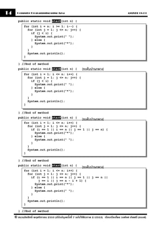 14     Computer Programming using Java                                                            ANSWER 08-09


       public static void starD(int n) {
            for (int i = n; i >= 1; i--) {
              for (int j = 1; j <= n; j++) {
                if (j < i) {
                  System.out.print(" ");
                } else {
                  System.out.print("*");
                }
              }
              System.out.println();
            }

        } //End of method
       public static void starE(int n) {                     [ระดับปานกลาง]
            for (int i = 1; i <= n; i++) {
              for (int j = 1; j <= n; j++) {
                if (j < i) {
                  System.out.print(" ");
                } else {
                  System.out.print("*");
                }
              }
              System.out.println();
            }

        } //End of method
       public static void starF(int n) {
                                                             [ระดับปานกลาง]
            for (int i = 1; i <= n; i++) {
              for (int j = 1; j <= n; j++) {
                if (i == 1 || i == n || j == 1 || j == n) {
                  System.out.print("*");
                } else {
                  System.out.print(" ");
                }
              }
              System.out.println();
            }

        } //End of method
       public static void starG(int n) {
                                                             [ระดับปานกลาง]
            for (int i = 1; i <= n; i++) {
              for (int j = 1; j <= n; j++) {
                if (i == 1 || i == n || j == 1 || j == n ||
                    j == i || j == n - i + 1) {
                  System.out.print("*");
                } else {
                  System.out.print(" ");
                }
              }
              System.out.println();
            }

        } //End of method

     © สงวนลิขสิทธิ์ พฤศจิกายน 2553 (ปรับปร ุงครังที่ 7 ฉบับใช้ติวภาค 2/2553) เรียบเรียงโดย วงศ์ยศ เกิดศรี (แบงค์)
                                                 ้
 