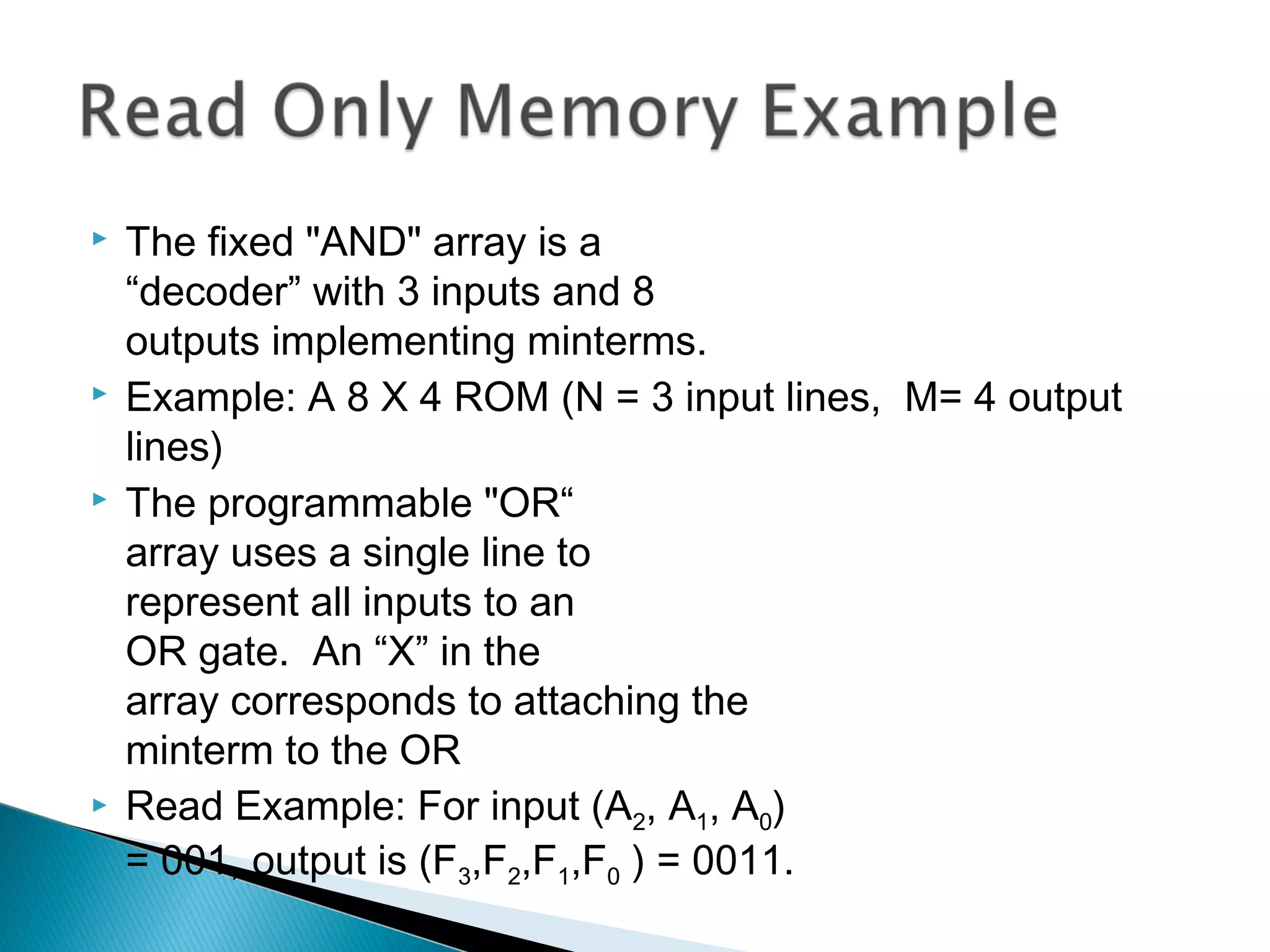 







The fixed "AND" array is a
“decoder” with 3 inputs and 8
outputs implementing minterms.
Example: A 8 X 4 ROM (N = 3 input lines, M= 4 output
lines)
The programmable "OR“
array uses a single line to
represent all inputs to an
OR gate. An “X” in the
array corresponds to attaching the
minterm to the OR
Read Example: For input (A2, A1, A0)
= 001, output is (F3,F2,F1,F0 ) = 0011.

 