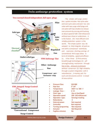 Design Features
Twin antisurge protection system
WWW.FDS-VALVE.COM 1-1
The simple anti surge protec-
tion system includes Hot cycle valve
and cool cycle valve and each has one
valve with two surge relief plugs and
one pilot with two shutters to release
over pressure by sensing and tracking
at about speed of 100- 150 millisecond
without over shoot or undershoot , it
is the fastest , the most efficient and
reliably protection system in the
world . The simple system was de-
veloped to fully integrate all parts as
one with a compressor seamlessly
and overcome shorting comings of
conventional Anti surge valves in
term of reliability , speed and efficien-
cy , it has three 21 first century
breakthrough technologies (1) self
sensing/tracking mechanism through
Gas vs Gas , pressure vs pressure
without conversion (2) High reliability
through a system integration with 2
redundancies , 1 moving part for
each unit (3) volume control in stead
of area control
 Pressure Class 150-900
 Pipe Size 2”-24”
 Temperature -450 F to 500 F
 Leakage Class : V- VI
 Fluid type : Gas or Gas/liquid
 Operation speed 100 -150 millisecond
 Operation type: Sensing/ tracking
 Redundancy 2
 External power Not required
 Controller Not required
 Turning /programing Not required
 Actuator Not Required
 Fugitive emission No
Thermal
chamber
FDS integral Surge Control
Conventional Compressor
Surge Control
Two normal closed independent ,fail-open plugs
Compressor per-
formance map
FDS Antisurge line
Other Antisurge
line
Inlet gas
Inlet
Gas
Pilot
Regulated
Gas
Outlet relief gas
 