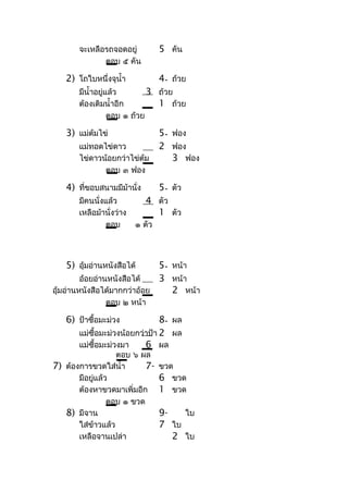 จะเหลือรถจอดอยู่           5 คัน
              ตอบ ๕ คัน

   2) โถใบหนึ่งจุนำ้ำ             4- ถ้วย
       มีนำ้ำอยู่แล้ว        3 ถ้วย
       ต้องเติมนำ้ำอีก         1 ถ้วย
                  ตอบ ๑ ถ้วย

   3) แม่ต้มไข่                   5- ฟอง
       แม่ทอดไข่ดำว               2 ฟอง
       ไข่ดำวน้อยกว่ำไข่ต้ม          3 ฟอง
              ตอบ ๓ ฟอง

   4) ที่ขอบสนำมมีม้ำนั่ง         5- ตัว
       มีคนนั่งแล้ว          4 ตัว
       เหลือม้ำนั่งว่ำง        1 ตัว
               ตอบ        ๑ ตัว




   5) อุ้มอ่ำนหนังสือได้      5- หน้ำ
         อ้อยอ่ำนหนังสือได้   3 หน้ำ
อุ้มอ่ำนหนังสือได้มำกกว่ำอ้อย    2 หน้ำ
               ตอบ ๒ หน้ำ

   6) ป้ำซื้อมะม่วง             8- ผล
       แม่ซื้อมะม่วงน้อยกว่ำป้ำ 2 ผล
       แม่ซื้อมะม่วงมำ     6 ผล
                   ตอบ ๖ ผล
7) ต้องกำรขวดใส่นำ้ำ       7-     ขวด
       มีอยู่แล้ว                 6 ขวด
       ต้องหำขวดมำเพิ่มอีก        1 ขวด
                 ตอบ ๑ ขวด
   8) มีจำน                       9-   ใบ
       ใส่ข้ำวแล้ว                7 ใบ
       เหลือจำนเปล่ำ                 2 ใบ
 