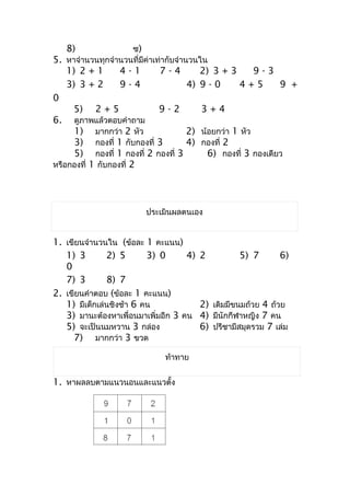 8)             ซ)
5. หำจำำนวนทุกจำำนวนที่มีค่ำเท่ำกับจำำนวนใน
     1) 2 + 1     4-1        7-4        2) 3 + 3   9-3
     3) 3 + 2     9-4                4) 9 - 0    4+5   9 +
0
      5)   2+5               9-2         3+4
6.   ดูภำพแล้วตอบคำำถำม
     1) มำกกว่ำ 2 หัว              2) น้อยกว่ำ 1 หัว
     3) กองที่ 1 กับกองที่ 3       4) กองที่ 2
     5) กองที่ 1 กองที่ 2 กองที่ 3      6) กองที่ 3 กองเดียว
หรือกองที่ 1 กับกองที่ 2




                         ประเมินผลตนเอง


1. เขียนจำำนวนใน (ข้อละ 1 คะแนน)
   1) 3        2) 5       3) 0      4)   2         5) 7       6)
   0
   7) 3        8) 7
2. เขียนคำำตอบ (ข้อละ 1 คะแนน)
   1) มีเด็กเล่นชิงช้ำ 6 คน              2) เดิมมีขนมถ้วย 4 ถ้วย
   3) มำนะต้องหำเพื่อนมำเพิ่มอีก 3 คน    4) มีนักกีฬำหญิง 7 คน
   5) จะเป็นนมหวำน 3 กล่อง               6) ปรีชำมีสมุดรวม 7 เล่ม
     7) มำกกว่ำ 3 ขวด

                               ท้ำทำย


1. หำผลลบตำมแนวนอนและแนวตั้ง
 