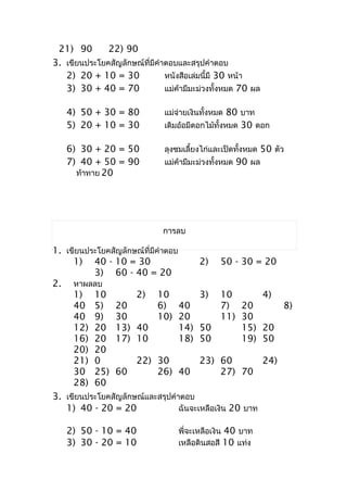 21) 90       22) 90
3. เขียนประโยคสัญลักษณ์ที่มีคำำตอบและสรุปคำำตอบ
   2) 20 + 10 = 30             หนังสือเล่มนี้มี 30 หน้ำ
   3) 30 + 40 = 70             แม่ค้ำมีมะม่วงทั้งหมด 70 ผล

   4) 50 + 30 = 80             แม่จ่ำยเงินทั้งหมด 80 บำท
   5) 20 + 10 = 30             เดิมอ้อมีดอกไม้ทั้งหมด 30 ดอก

   6) 30 + 20 = 50             ลุงชมเลี้ยงไก่และเป็ดทั้งหมด 50 ตัว
   7) 40 + 50 = 90             แม่ค้ำมีมะม่วงทั้งหมด 90 ผล
     ท้ำทำย 20




                              กำรลบ

1. เขียนประโยคสัญลักษณ์ที่มีคำำตอบ
     1) 40 - 10 = 30                     2) 50 - 30 = 20
          3) 60 - 40 = 20
2. หำผลลบ
     1) 10           2) 10               3) 10           4)
     40 5) 20                6) 40             7) 20         8)
     40 9) 30                10) 20            11) 30
     12) 20 13) 40                 14) 50           15) 20
     16) 20 17) 10                 18) 50           19) 50
     20) 20
     21) 0           22) 30              23) 60          24)
     30 25) 60               26) 40            27) 70
     28) 60
3. เขียนประโยคสัญลักษณ์และสรุปคำำตอบ
   1) 40 - 20 = 20                 ฉันจะเหลือเงิน 20 บำท

   2) 50 - 10 = 40                 พี่จะเหลือเงิน 40 บำท
   3) 30 - 20 = 10                 เหลือดินสอสี 10 แท่ง
 