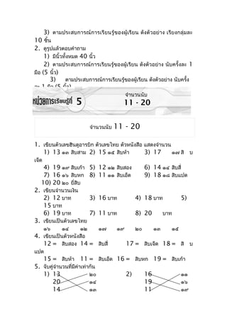 3) ตำมประสบกำรณ์กำรเรียนรู้ของผู้เรียน ดังตัวอย่ำง เรียงกลุ่มละ
10 ชิ้น
2. ดูรูปแล้วตอบคำำถำม
     1) มีนิ้วทั้งหมด 40 นิ้ว
     2) ตำมประสบกำรณ์กำรเรียนรู้ของผู้เรียน ดังตัวอย่ำง นับครั้งละ 1
มือ (5 นิ้ว)
       3)      ตำมประสบกำรณ์กำรเรียนรู้ของผู้เรียน ดังตัวอย่ำง นับครั้ง
ละ 1 มือ (5 นิ้ว)
                                         จำำนวนนับ
                    5                   11 - 20


                          จำำนวนนับ   11 - 20

1. เขียนตัวเลขฮินดูอำรบิก ตัวเลขไทย ตัวหนังสือ แสดงจำำนวน
   1) 13 ๑๓ สิบสำม 2) 15 ๑๕ สิบห้ำ             3) 17      ๑๗ สิ บ
เจ็ด
    4) 19 ๑๙ สิบเก้ำ 5) 12 ๑๒ สิบสอง             6) 14 ๑๔ สิบสี่
    7) 16 ๑๖ สิบหก 8) 11 ๑๑ สิบเอ็ด              9) 18 ๑๘ สิบแปด
   10) 20 ๒๐ ยี่สิบ
2. เขียนจำำนวนเงิน
   2) 12 บำท          3) 16 บำท              4) 18 บำท           5)
   15 บำท
   6) 19 บำท          7) 11 บำท              8) 20       บำท
3. เขียนเป็นตัวเลขไทย
   ๑๖        ๑๔        ๑๒      ๑๗ ๑๙    ๒๐    ๑๓     ๑๕
4. เขียนเป็นตัวหนังสือ
   12 = สิบสอง 14 = สิบสี่           17 = สิบเจ็ด 18 = สิ บ
แปด
   15 = สิบห้ำ 11 = สิบเอ็ด 16 = สิบหก 19 = สิบเก้ำ
5. จับคู่จำำนวนที่มีค่ำเท่ำกัน
   1) 13                   ๒๐        2)    16           ๑๑
       20                  ๑๔              19           ๑๖
       14                  ๑๓              11           ๑๙
 