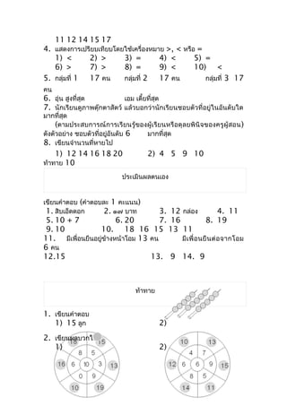 11 12 14 15 17
4. แสดงกำรเปรียบเทียบโดยใช้เครื่องหมำย >, < หรือ =
   1) <       2) >      3) =         4) <       5) =
   6) >       7) >      8) =         9) <       10) <
5. กลุ่มที่ 1 17 คน     กลุ่มที่ 2   17 คน         กลุ่มที่ 3 17
คน
6. อุ่น สูงที่สุด           เอม เตี้ยที่สุด
7. นักเรียนดูภำพตุ๊กตำสัตว์ แล้วบอกว่ำนักเรียนชอบตัวที่อยู่ในอันดับใด
มำกที่สุด
     (ตำมประสบกำรณ์กำรเรียนรู้ของผู้เรียนหรือดุลยพินิจของครู ผู้สอน )
ดังตัวอย่ำง ชอบตัวที่อยู่อันดับ 6 มำกที่สุด
8. เขียนจำำนวนที่หำยไป
    1) 12 14 16 18 20               2) 4 5 9 10
ท้ำทำย 10

                           ประเมินผลตนเอง


เขียนคำำตอบ (คำำตอบละ 1 คะแนน)
 1. สิบเอ็ดดอก      2. ๑๗ บำท        3. 12 กล่อง               4. 11
 5. 10 + 7              6. 20        7. 16              8. 19
 9. 10           10. 18 16 15 13 11
11. มีเพื่อนยืนอยู่ข้ำงหน้ำโอม 13 คน       มี เ พื่ อ นยื น ต่ อ จำกโอม
6 คน
12.15                             13. 9 14. 9



                                ท้ำทำย


1. เขียนคำำตอบ
   1) 15 ลูก                             2)
2. เขียนผลบวกใน
   1)                                    2)
 