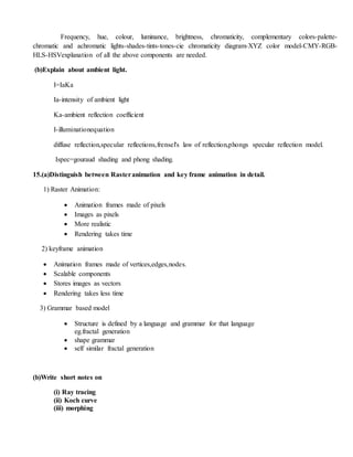 Frequency, hue, colour, luminance, brightness, chromaticity, complementary colors-palette-
chromatic and achromatic lights-shades-tints-tones-cie chromaticity diagram-XYZ color model-CMY-RGB-
HLS-HSVexplanation of all the above components are needed.
(b)Explain about ambient light.
I=IaKa
Ia-intensity of ambient light
Ka-ambient reflection coefficient
I-illuminationequation
diffuse reflection,specular reflections,frensel's law of reflection,phongs specular reflection model.
Ispec=gouraud shading and phong shading.
15.(a)Distinguish between Rasteranimation and key frame animation in detail.
1) Raster Animation:
 Animation frames made of pixels
 Images as pixels
 More realistic
 Rendering takes time
2) keyframe animation
 Animation frames made of vertices,edges,nodes.
 Scalable components
 Stores images as vectors
 Rendering takes less time
3) Grammar based model
 Structure is defined by a language and grammar for that language
eg.fractal generation
 shape grammar
 self similar fractal generation
(b)Write short notes on
(i) Ray tracing
(ii) Koch curve
(iii) morphing
 