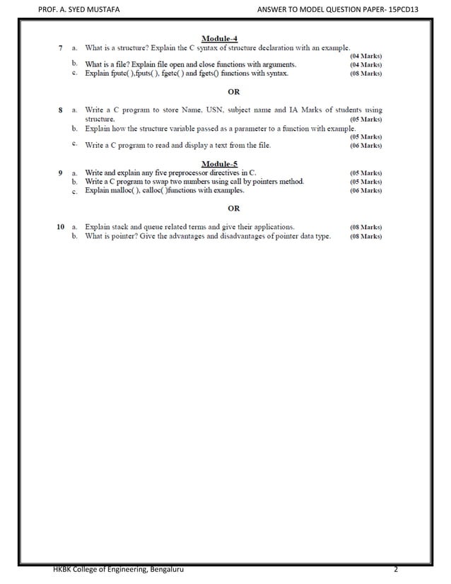 VTU PCD Model Question Paper - Programming in C | PDF | Programming ...