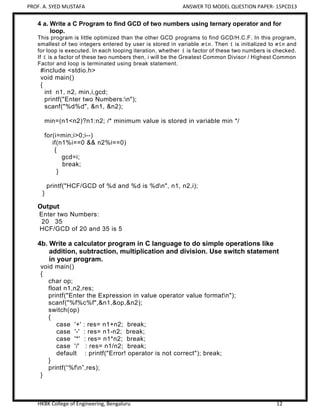 VTU PCD Model Question Paper - Programming in C | PDF