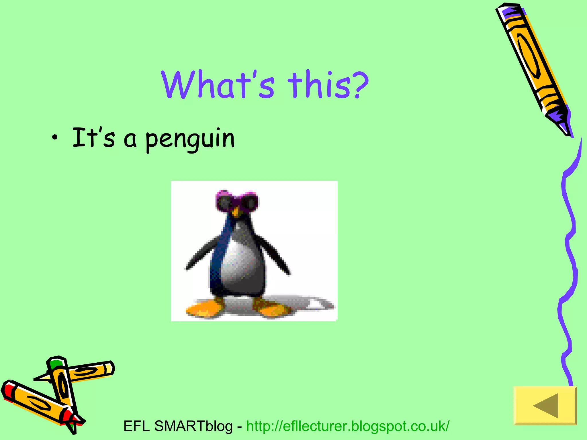 What’s this?
• It’s a penguin

EFL SMARTblog - http://efllecturer.blogspot.co.uk/

 