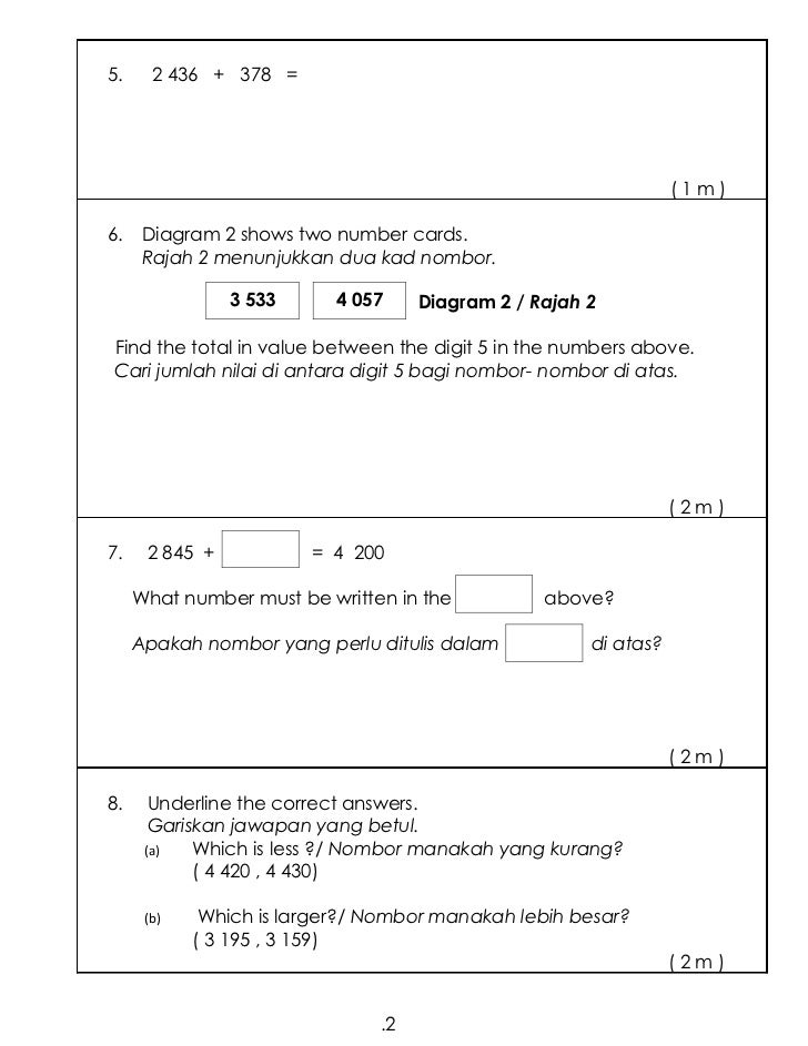 Ujian Matematik Kertas 2 Tahun 3