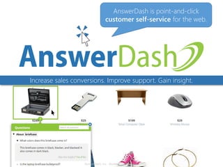 Increase sales. Improve experience. Gain insight.
AnswerDash, Inc. - Business Confidential
AnswerDash is point-and-click
customer self-service for the web.
 