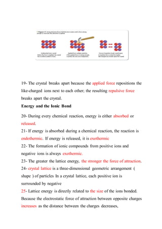 19- The crystal breaks apart because the applied force repositions the
like-charged ions next to each other; the resulting repulsive force
breaks apart the crystal.
Energy and the Ionic Bond
20- During every chemical reaction, energy is either absorbed or
released.
21- If energy is absorbed during a chemical reaction, the reaction is
endothermic. If energy is released, it is exothermic
22- The formation of ionic compounds from positive ions and
negative ions is always exothermic.
23- The greater the lattice energy, the stronger the force of attraction.
24- crystal lattice is a three-dimensional geometric arrangement (
shape ) of particles In a crystal lattice, each positive ion is
surrounded by negative
25- Lattice energy is directly related to the size of the ions bonded.
Because the electrostatic force of attraction between opposite charges
increases as the distance between the charges decreases,
 