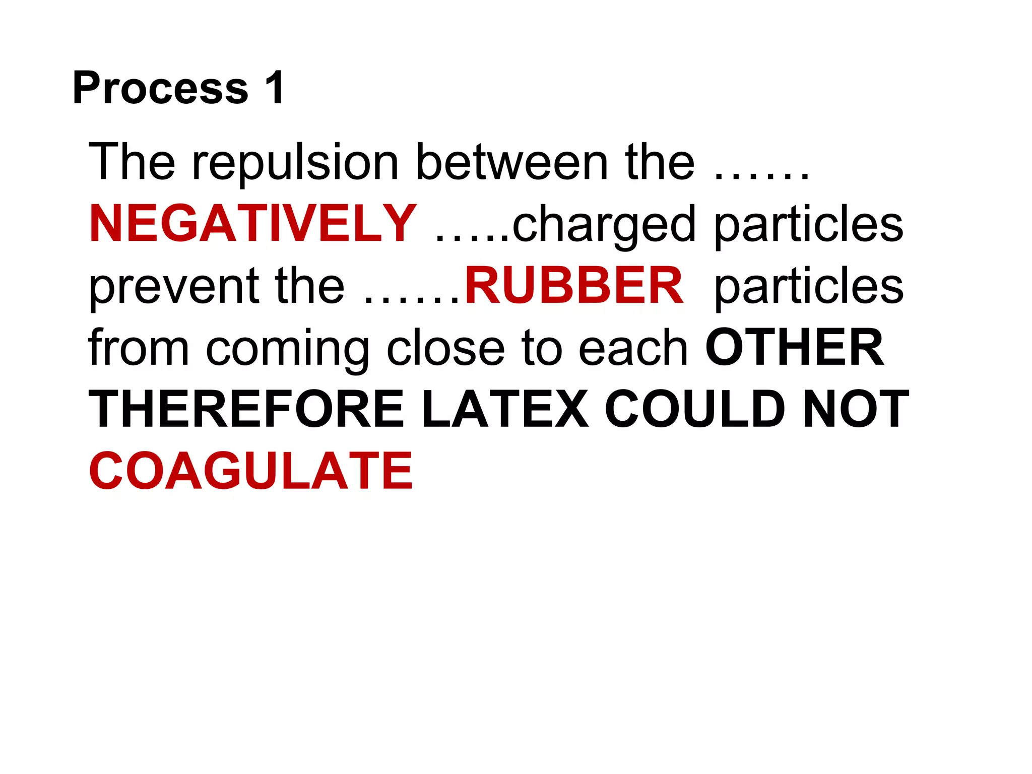 Process 1
The repulsion between the ……
NEGATIVELY …..charged particles
prevent the ……RUBBER particles
from coming close to each OTHER
THEREFORE LATEX COULD NOT
COAGULATE
 