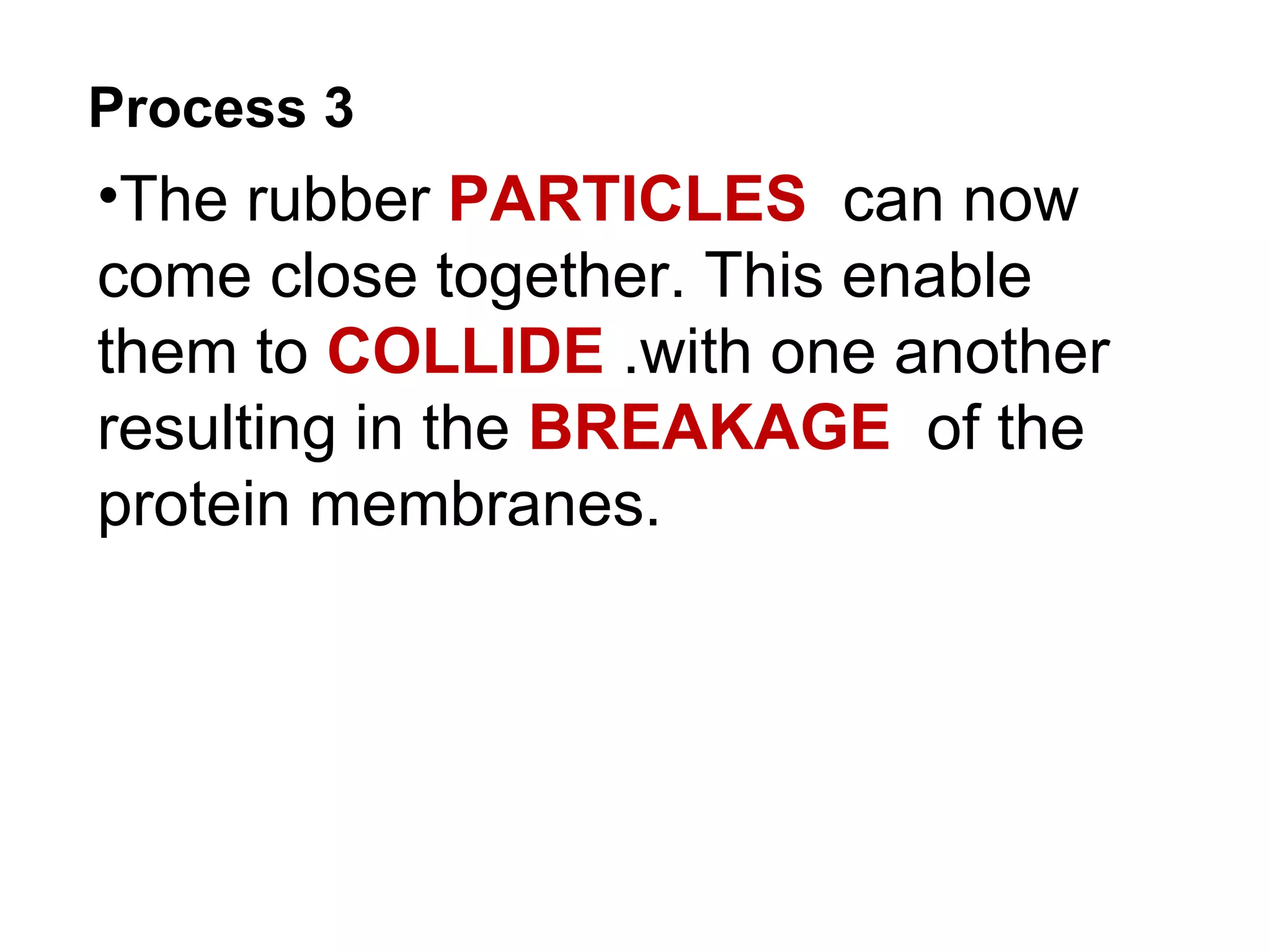 Process 3
•The rubber PARTICLES can now
come close together. This enable
them to COLLIDE .with one another
resulting in the BREAKAGE of the
protein membranes.
 