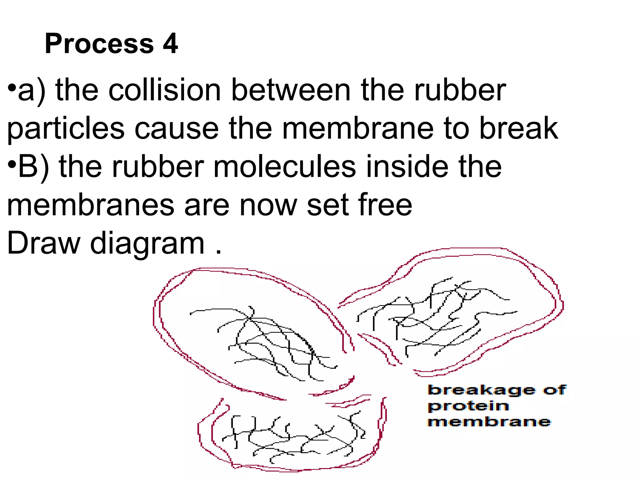 Process 4
•a) the collision between the rubber
particles cause the membrane to break
•B) the rubber molecules inside the
membranes are now set free
Draw diagram .
 