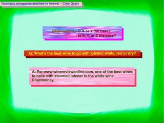Taxonomy of Inquiries and How to Answer – Clear Query Disjunctive   - Is X or Y the case?   - Is X, Y, or Z the case? Q:  What’s the best wine to go with lobster, white, red or dry? A:  Per www.winereviewonline.com, one of the best wines to have with steamed lobster is the white wine Chardonnay.  