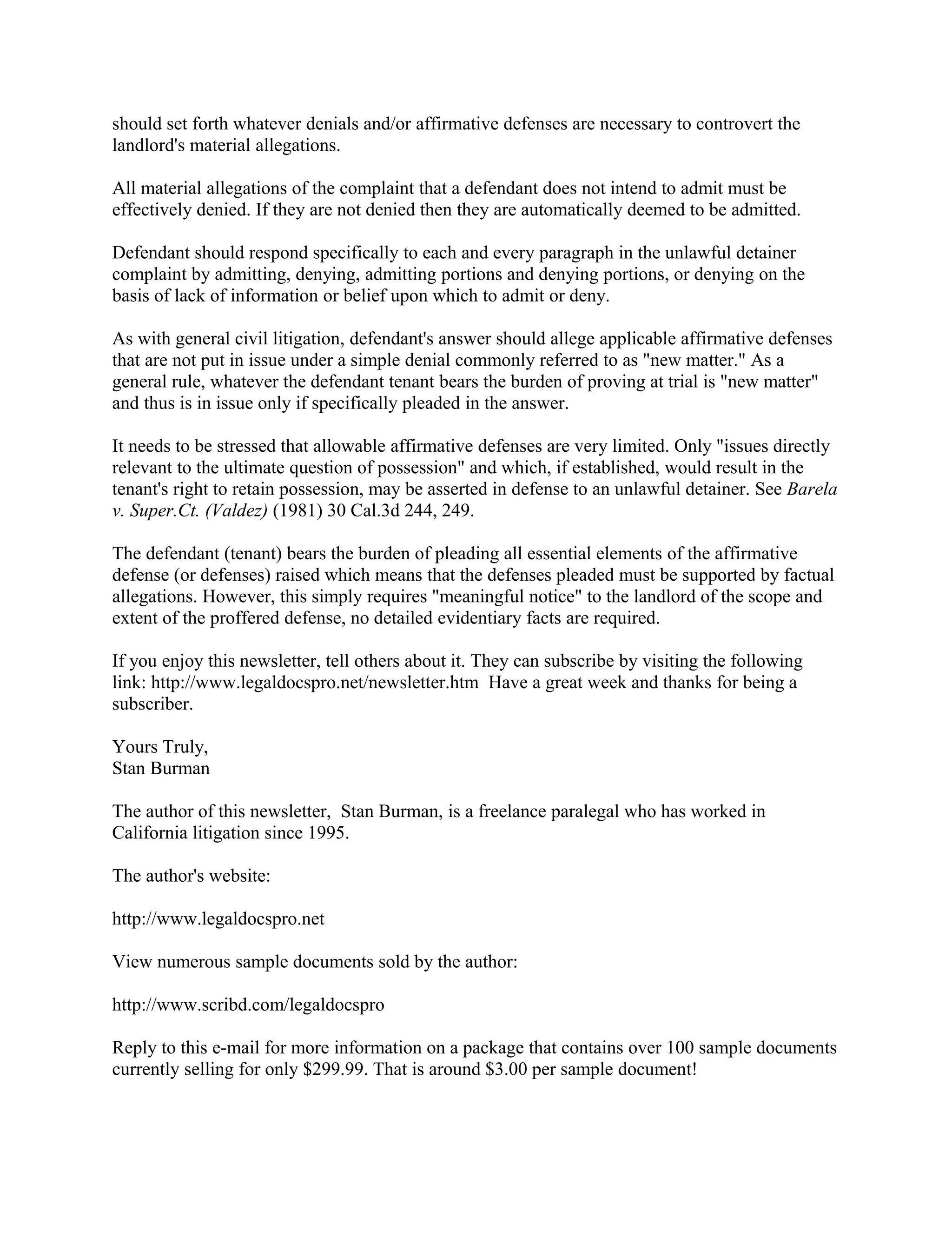 Answering a California eviction complaint DOC