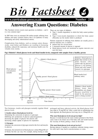 Bio Factsheet
1
Number 217www.curriculum-press.co.uk
Answering Exam Questions: Diabetes
This Factsheet reviews recent exam questions on diabetes – and it
is a very common topic!
In 2007 there were an estimated 246 million people suffering from
diabetes and many scientists believe that is an epidemic in many
developing and newly industrialized nations.
Complications from diabetes, such as coronary artery disease,
stroke, renal failure and blindness are resulting in increasing
disability, reduced life expectancy and enormous health costs for
virtually every society.
There are two types of diabetes:
• Type 1 (insulin dependent) in which the body cannot produce
insulin
• Type 2 (non-insulin dependent) in which the body cannot
efficiently use the insulin which is produced
Patients suspected of suffering from diabetes are usually given a
glucose tolerance test, as follows:
• patient fasts for several hours
• a measured amount of glucose is ingested
• blood glucose levels are monitored at regular intervals over
next few hours
1.0
0.9
0.8
0.7
0.6
0.5
0.4
0.3
0.2
0.1
0
0
glucose
ingested
1 2 3
Blood glucose
concentration
(mmol/l)
Blood insulin level
(arbitrary units)
diabetic's blood insulin
healthy person's blood insulin
healthy person's blood glucose
diabetic's blood glucose
Diabetic's blood glucose
higher than normal at all
times because cells
cannot take up glucose/
glucose is not getting
stored and cells cannot
convert it to glycogen
Diabetic's blood insulin
always lower than
normal/does not change
because none/little is
made by the pancreas
and it is being excreted
Time (hours)
Two hormones, insulin and glucagon normally regulate blood
glucose levels
1. Insulin reduces blood glucose levels by:
Stimulating the conversion of glucose to glycogen
Inhibiting new production of glucose (gluconeogenesis)
Increasing the uptake of glucose into muscle cells
Increasing cellular uptake of glucose for respiration
2. Glucagon:
stimulates the conversion of glycogen stored in the liver and muscles
to glucose.
In humans, the normal level of blood glucose is about 90mg/100 cm3
of blood, but this can vary. For example, during fasting or after
prolonged and heavy physical activity, the blood glucose level
may drop to 70 mg/100 cm3
After a meal rich in carbohydrate has
been digested, the blood glucose level may rise to 150mg/100 cm3
.
Why must blood glucose levels not get too high?
Because it would decrease the water (solute) potential of the blood,
cause water to be drawn out of the body cells and would increase
the viscosity of blood, putting a strain on the heart
Why must blood glucose levels not get too low?
Because glucose is needed as a respiratory substrate (energy source
for cells) and it may lead to unconsciousness or coma.
Fig.1 Diabetic’s blood glucose levels and blood insulin levels, compared with samples from a healthy person
 